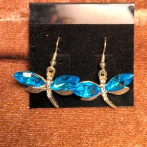 Blue Crystal Dragonfly Earrings, New